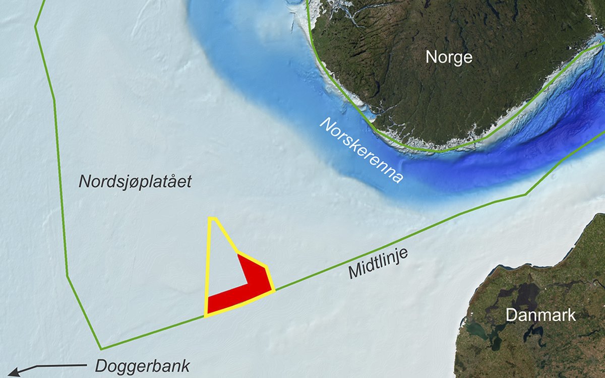 Markert gult og rødt ved bunnen av nordsjøen på et kart