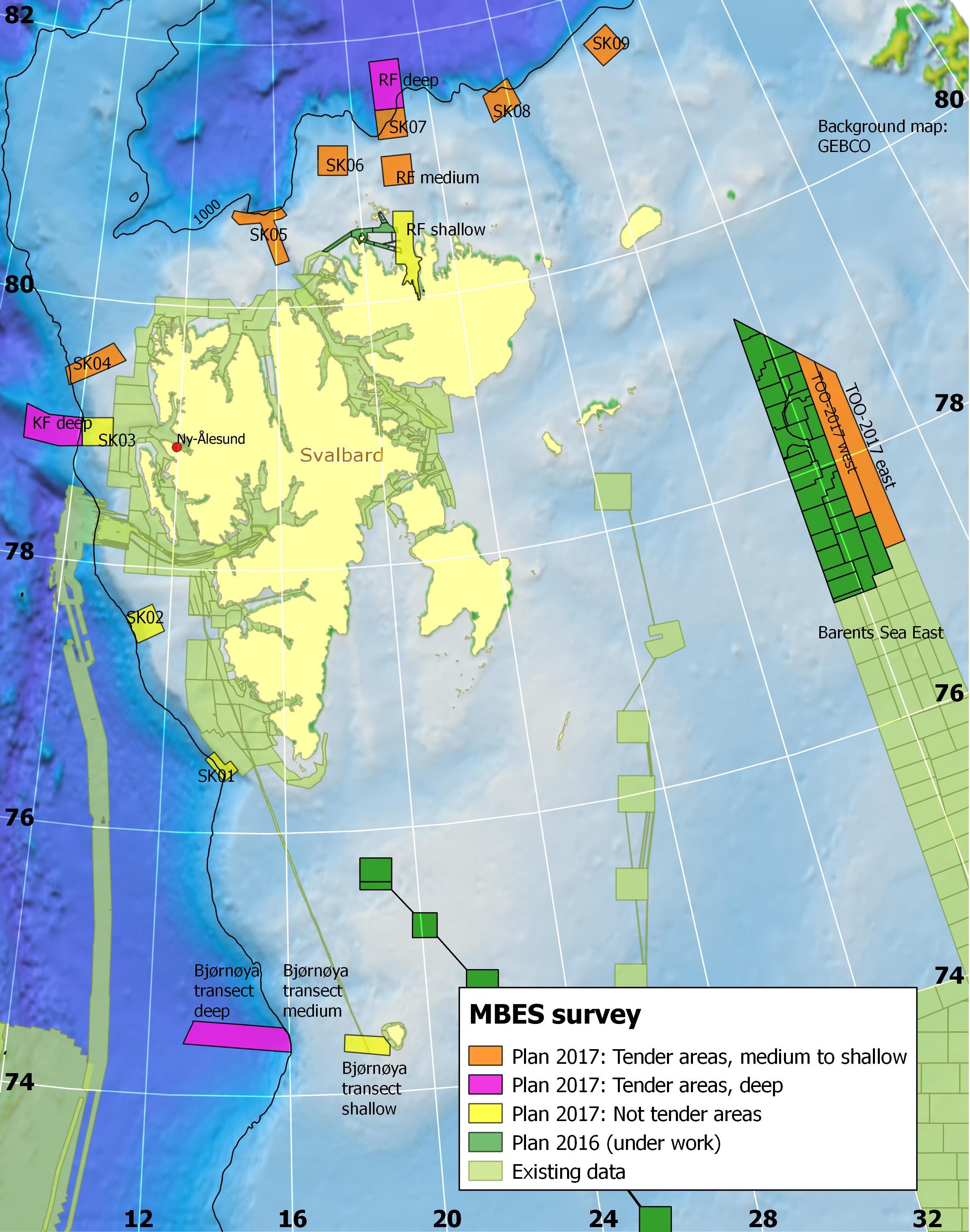 Illustrasjonskart viser områder i Norskehavet og Barentshavet der det er invitert til åpen anbudskonkurranse for dybdekartlegging i 2017.