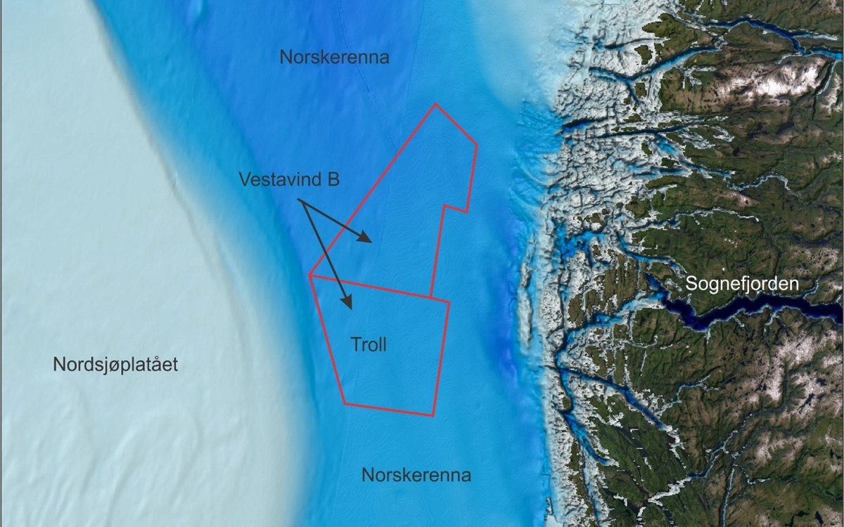 kart som viser sognefjorden havet som ligger til vest, norskerenna. Med røde streker som markerer Troll og Vestavind B