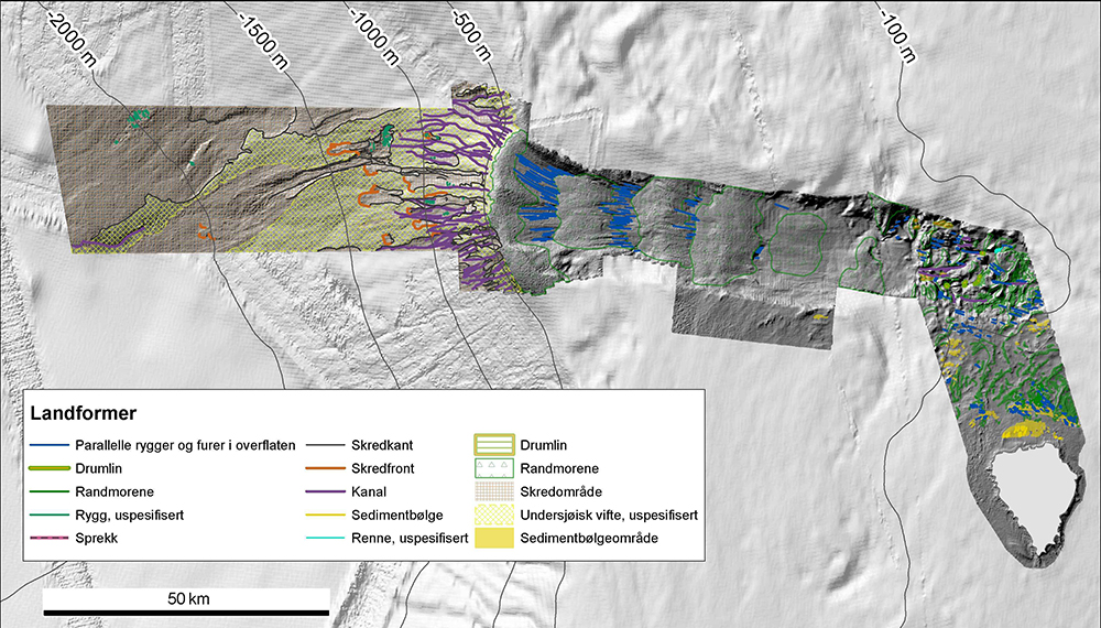 Figur 2. Bunnsedimenter (kornstørrelse) og geomorfologi (landformer) er to av de nye geologiske kartene fra Kveithola og kontinentalskråningen vest for Kveithola. Alle temakart er publisert her på www.mareano.no.