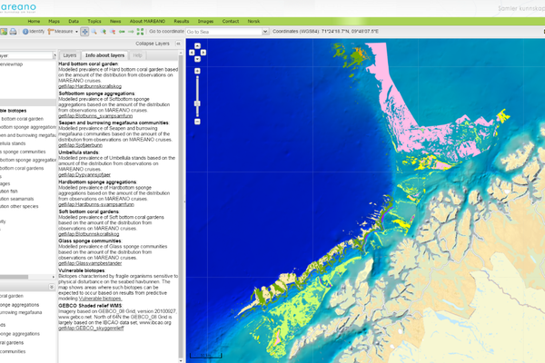 Map showing the vulnerable biotopes mapped by MAREANO (IMR) to date