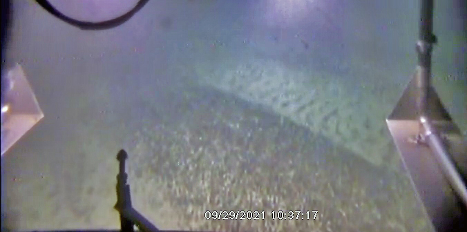 Wave ripples comprising of gravel (in the foreground). In the troughs between the wave ripples (light grey areas) we find sand ripples migrating at 90 degrees to the gravel ripples. Picture from low resolution overview camera with feet of the video rig to the left and to the right.