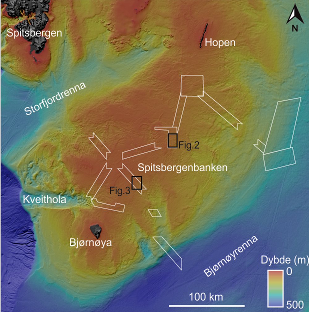 Figur 1: Oversikt over kartleggingsområdene på Spitsbergenbanken. Hvite bokser viser kartleggingsområdene for årets tredje Mareano-tokt og samtidig hvor figur 2 og 3 er hentet fra.