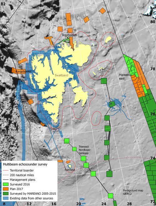 Kart som viser områder som skal dybdekartlegges på Svalbard og i Barentshavet i 2017. Illustrasjon.