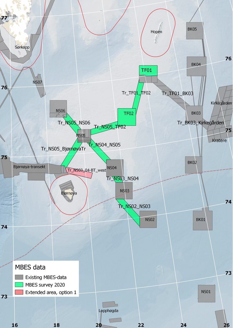 Kartillustrasjon som visar kva område som har vore djupnekartlagt på Spitsbergenbanken.