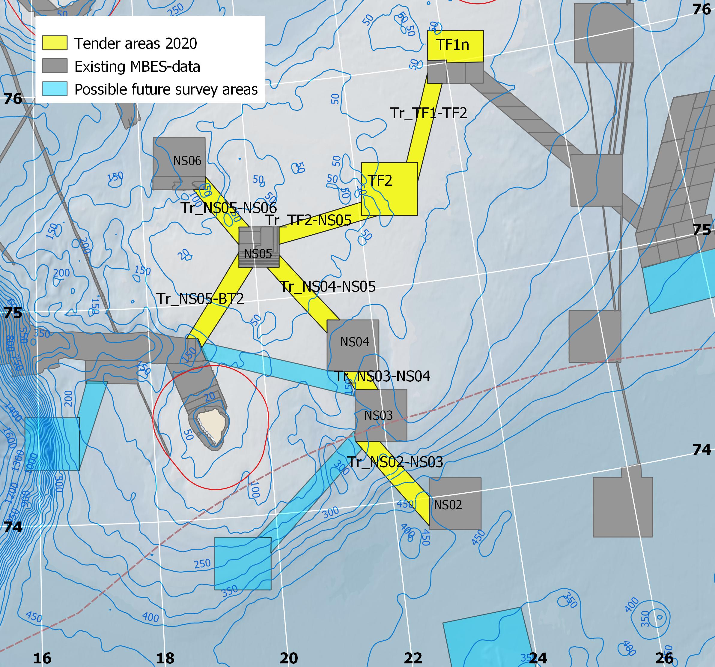 Kart med markeringer som viser hvilke områder på Spitsbergenbanken som skal dybdekartlegges i 2020.