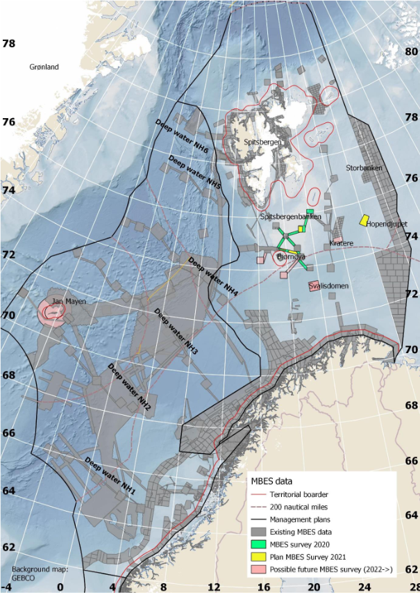 Kart som viser status for dybdedata og plan for kartlegging i 2020