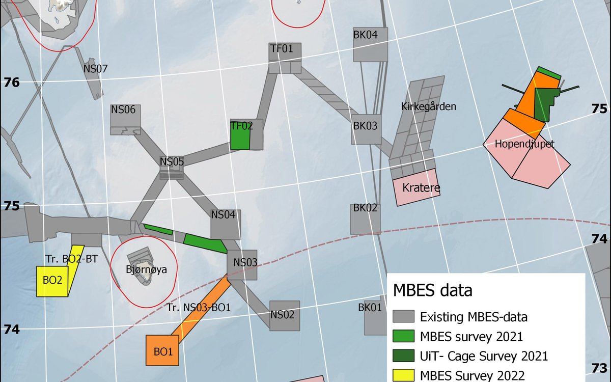 Kartutsnitt med merka område som er djupnekartlagt på Spitsbergenbanken i 2022. Kjelde: Kartverket/Mareano