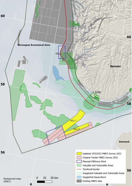 Kartutsnitt som visar kva område i Nordsjøen som omfattast av anbodet for djupnekartlegging i 2022. 