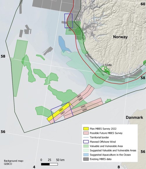 Kart som viser planskisse for dybdekartlegging med multistråleekkolodd (MBES) fra overflatefartøy i Nordsjøen i 2022.