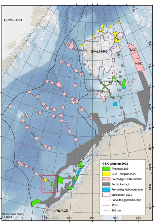Kart som viser plan for geo-, bio-, kjemi-innsamling 2022 - ved Svalbard og metodetokt i Norskehavet.