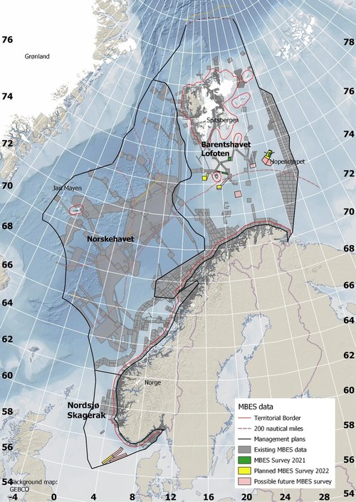 Kart som viser status for dybdedata i Norskehavet og Barentshavet. 
