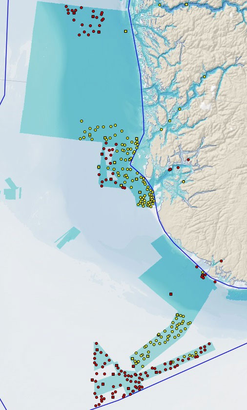 Kart som viser deler av Norge, ca fra Sognefjorden og sørover og havområdet utenfor. Stasjonene som er kartlagt er markert.