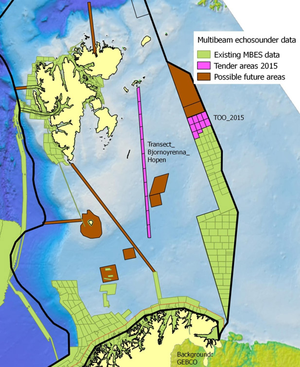 Figur: Områder i Norskehavet og Barentshavet der det er invitert til åpen anbudskonkurranse for dybdekartlegging i 2015 er vist med rosa farge.