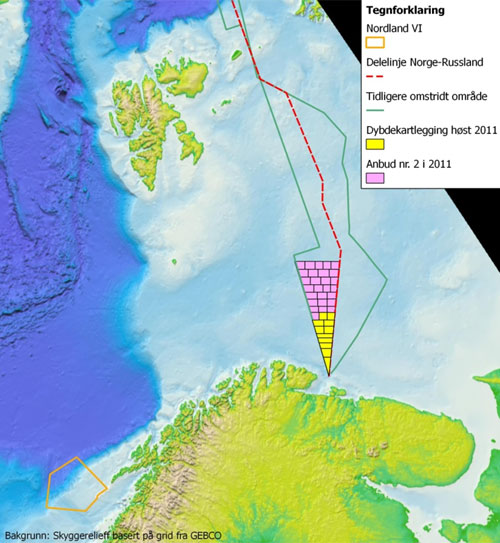Oversiktskartet viser bl.a. Nordland VI i Norskehavet og tidligere omstridt område i Barentshavet.