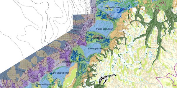 kart som viser undersjøiske landskap og former utenfor kysten av Nord-Norge