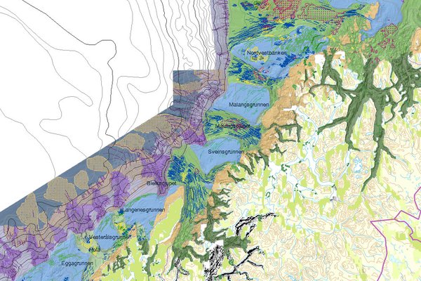 map that shows marine landscape and forms outside the harbour of north-norway