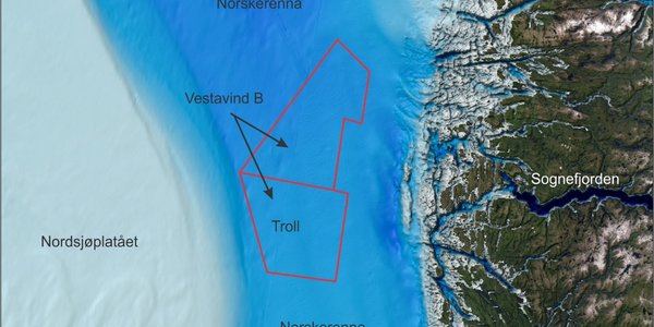 kart som viser sognefjorden havet som ligger til vest, norskerenna. Med røde streker som markerer Troll og Vestavind B